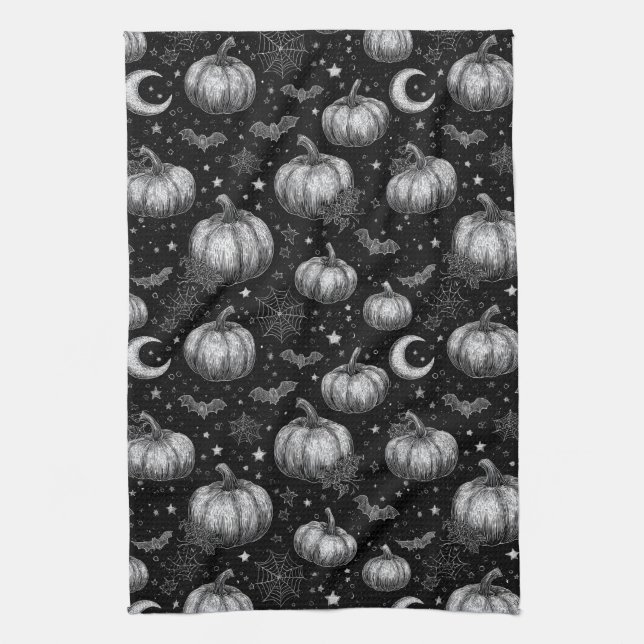 Linge De Cuisine Citrouille d'Halloween noir et blanc, chauve-souri (Vertical)