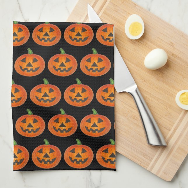 Linge De Cuisine Citrouille Jack-o'-lantern Black Orange Halloween (Quart Plié)