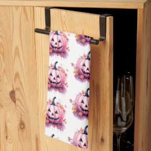 Linge De Cuisine Citrouille Rose Feuilles Orange Blanches Halloween