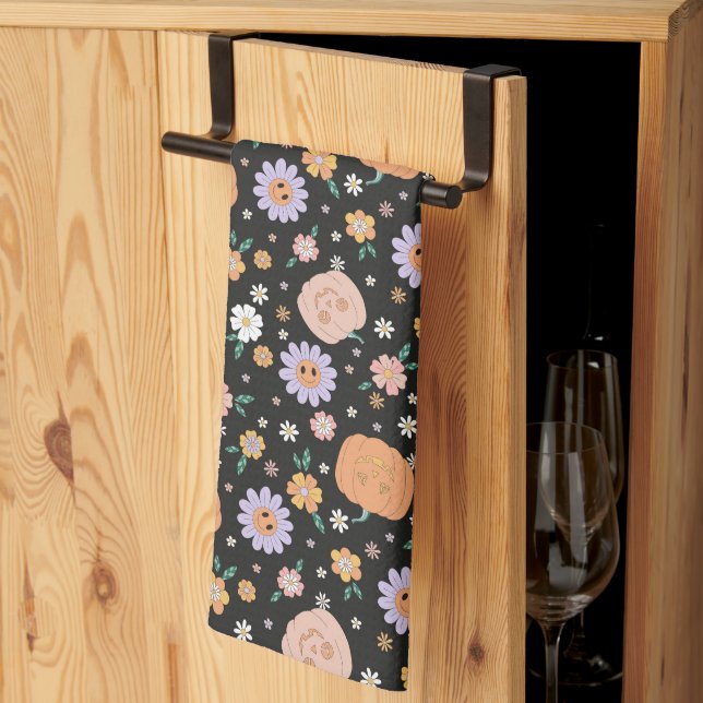 Linge De Cuisine Citrouilles d'Halloween rétro et Motif de fleurs (Pliage en tiers)