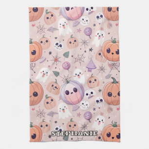 Linge De Cuisine Citrouilles et fantômes d'Halloween sur rose sans