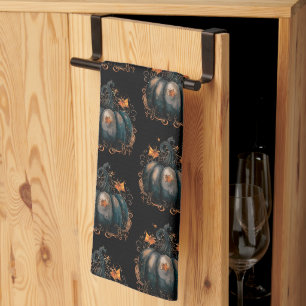 Linge De Cuisine Citrouilles noires et dorées Motif de feuilles Hal