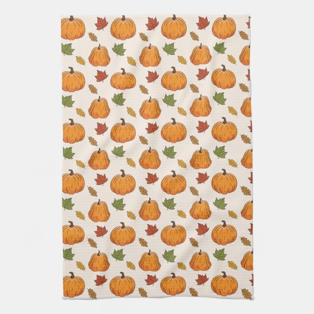 Linge De Cuisine Citrouilles Oranges Et Feuilles D'Automne Motif (Vertical)