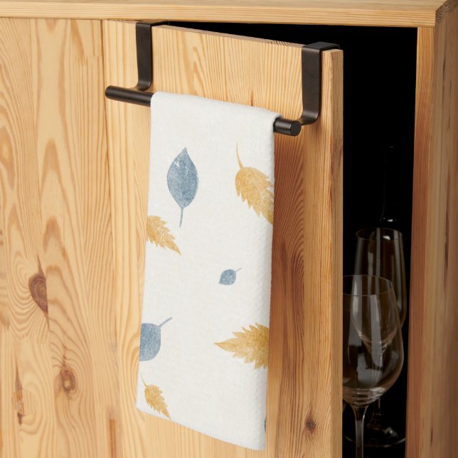 Linge De Cuisine Clair Pastel Bleu et Brown Feuilles d'automne Moti (Pliage en tiers)