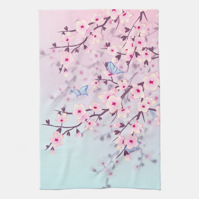 Linge De Cuisine Classé Fleurs de cerise Paysage bleu rose (Vertical)
