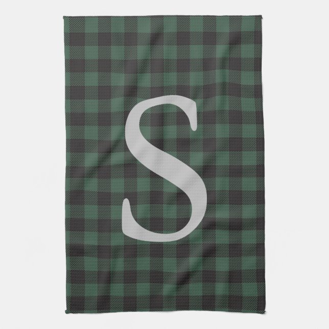 Linge De Cuisine Classic Vert Tartan Noir Plaid Monogramme (Vertical)