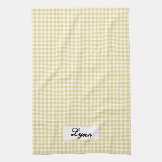 Linge De Cuisine Classique Gingham Jaune & Blanc | Nom Personnalisé (Vertical)