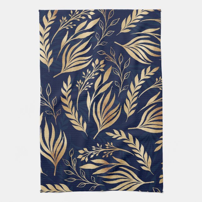 Linge De Cuisine Classy Gold Foliage Botanique Bleu Design (Vertical)