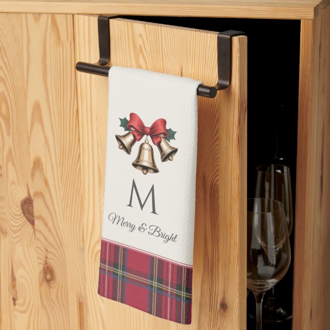 Linge De Cuisine Cloches de Noël Or Customisé Monogramme Noël (Pliage en tiers)