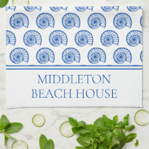 Linge De Cuisine Coastal Bleu et Blanc Coques Personnalisées
