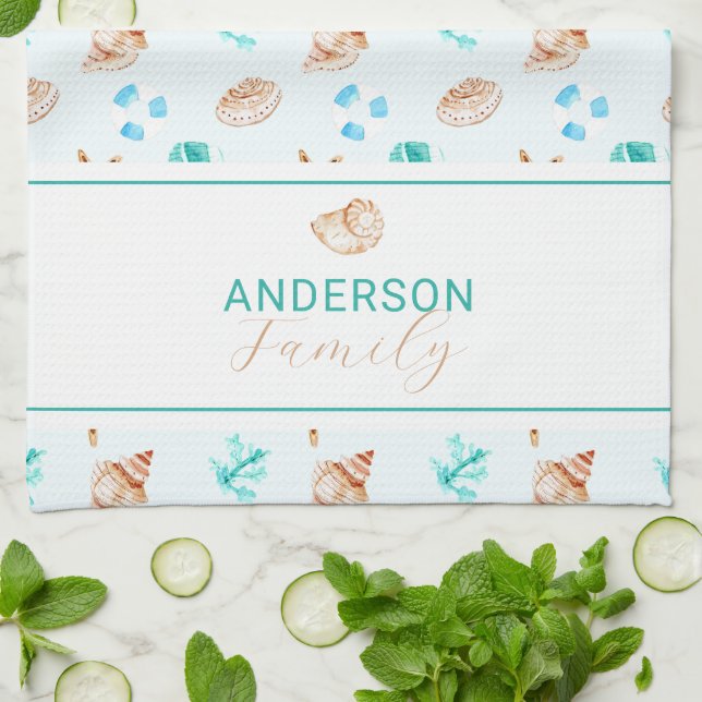 Linge De Cuisine Coastal Seashell Beach House Decor Family Name (Plié)