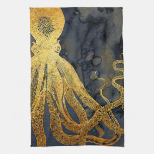 Linge De Cuisine Coastère Vintage Octopus Gold Black Blue Aquarelle