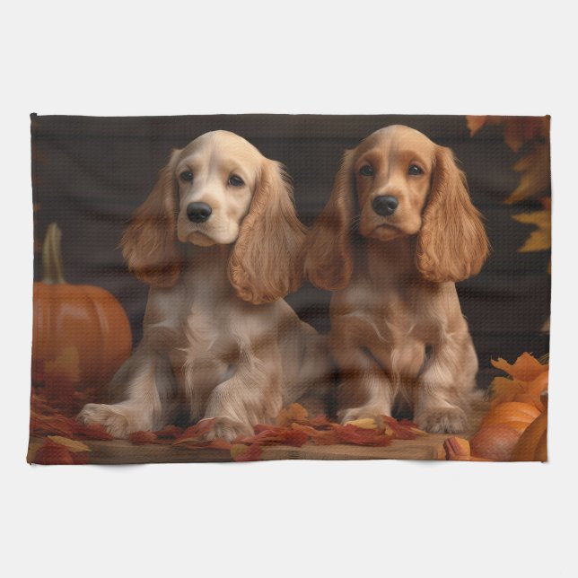 Linge De Cuisine Cocker Spaniel Puppy Automne Citrouille de plaisir (Horizontal)