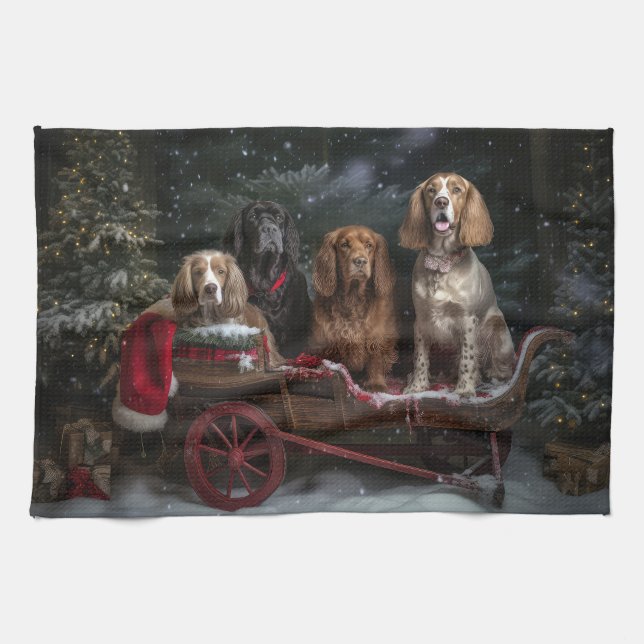 Linge De Cuisine Cocker Spaniel Snowy Sleigh Décor de Noël (Horizontal)
