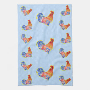 Linge De Cuisine Cockerel Rooster Rouge Drôle et Zones Bleues et Bl