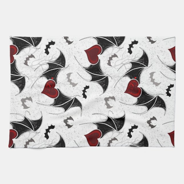 Linge De Cuisine Coeur d'Halloween avec ailes de chauve-souris noir (Horizontal)