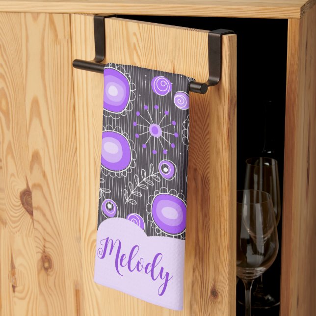 Linge De Cuisine Coeur gris violet blanc et nom floral (Pliage en tiers)