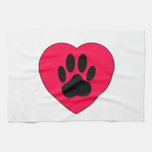 Linge De Cuisine Coeur rouge avec Empreinte de patte de chien