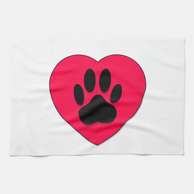 Linge De Cuisine Coeur rouge avec Empreinte de patte de chien (Horizontal)