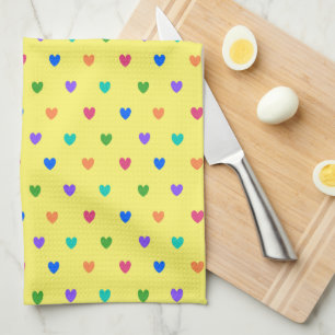 Linge De Cuisine Coeurs de polka arc-en-ciel sur jaune