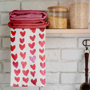 Linge De Cuisine Coeurs de trait de brosse - rouge et rose