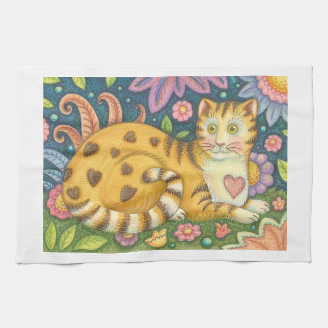 Linge De Cuisine Coeurs N'Stripes Tabby Art folklorique Chat Servie (Horizontal)