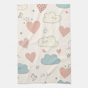 Linge De Cuisine Cœurs pastel et nuages Aquarelle Rêve (10)
