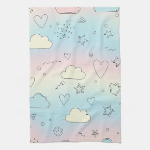 Linge De Cuisine Cœurs pastel et nuages Rêve aquarelle (8)