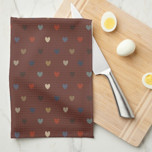 Linge De Cuisine Coeurs Polka sur kilim brown (Quart Plié)