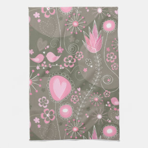 Linge De Cuisine Coeurs Whimsical rose et gris, oiseaux et fleurs