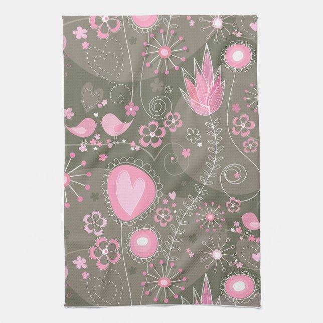 Linge De Cuisine Coeurs Whimsical rose et gris, oiseaux et fleurs (Vertical)