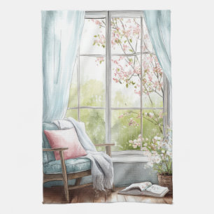 Linge De Cuisine Coin lecture aquarelle printemps jardin fenêtre 