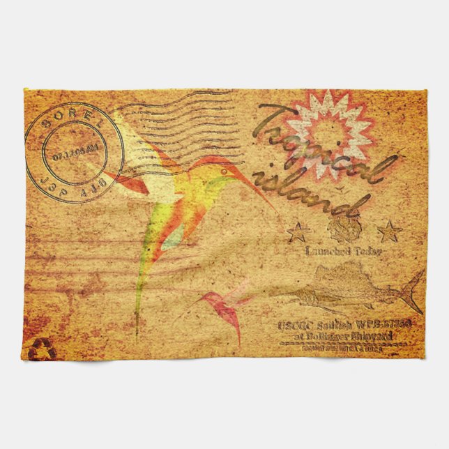 Linge De Cuisine Colibri de l'île tropicale yello carte postale vin (Horizontal)
