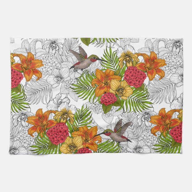 Linge De Cuisine Colibris et bouquet tropical (Horizontal)