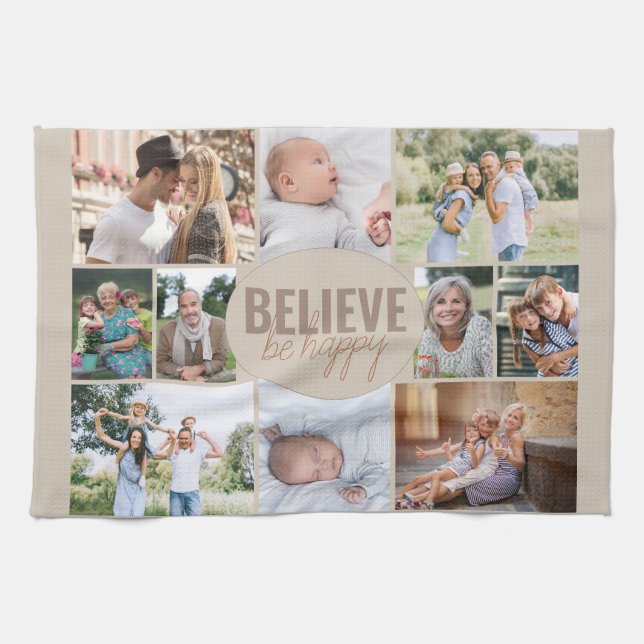 Linge De Cuisine Collage de photos de famille Croire Citation Beige (Horizontal)