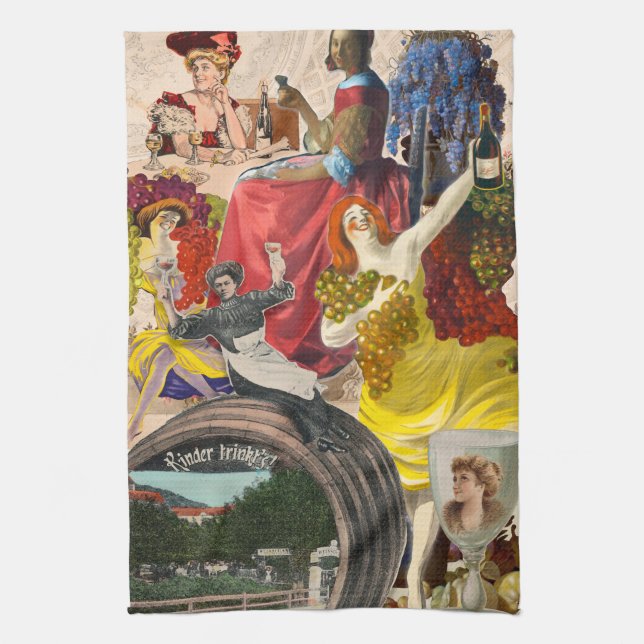 Linge De Cuisine Collage Femmes et Vin (Vertical)
