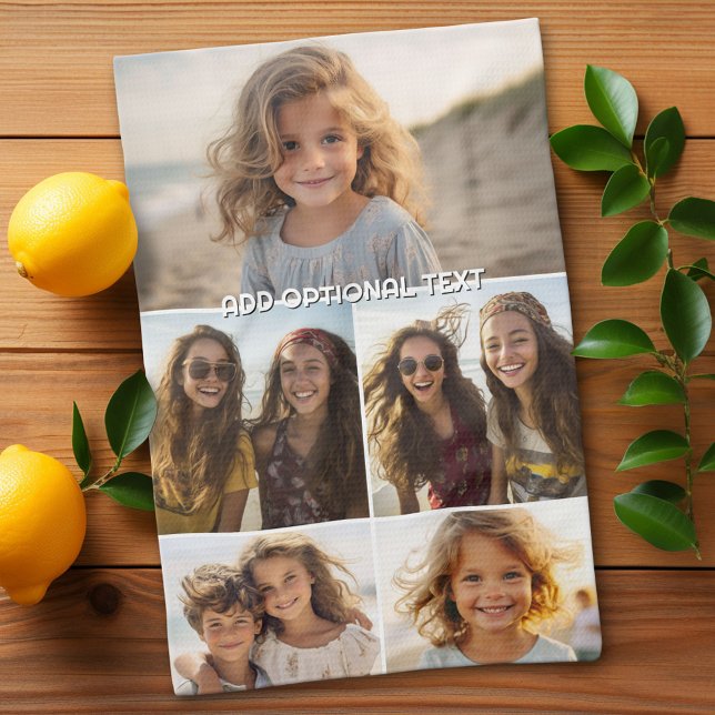 Linge De Cuisine Collage photo minimal moderne 5 avec texte (Custom Kitchen Towel with Photo Collage)