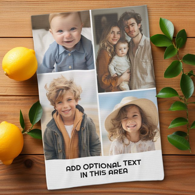 Linge De Cuisine Collage photo minimal moderne blanc 4 - Texte gras (Custom Kitchen Towel with a Photo Collage)