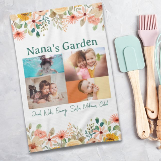 Linge De Cuisine Collage photo personnalisé Jardin de Nana Grandma (Personalized Photo Collage Nana Grandma's Garden Kitchen Towel)