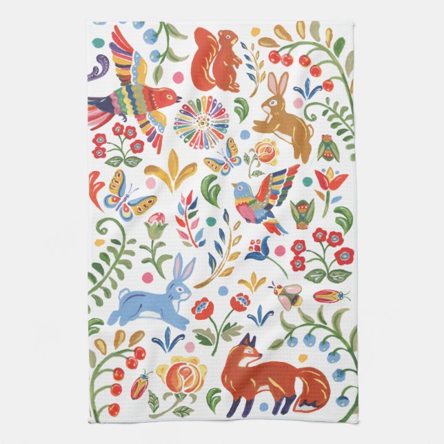 Linge De Cuisine Coloré Folk Animal Bois Floral Lapin Fox (Vertical)