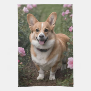Linge De Cuisine "Compagnie de charme : Un Corgi dans un jardin ros