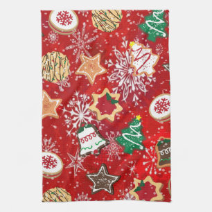 Linge De Cuisine Cookies de Noël et flocons de neige en rouge