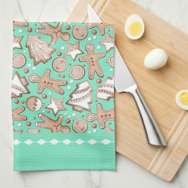 Linge De Cuisine Cookies de vacances Motif sur Turquoise (Quart Plié)