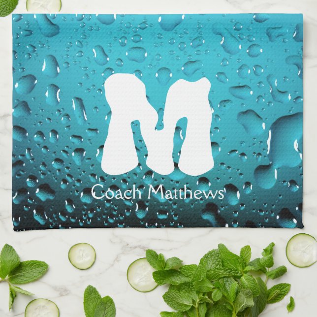 Linge De Cuisine Cool élégant Bleu gouttes d'eau Monogramme (Plié)