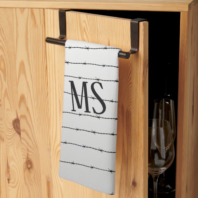 Linge De Cuisine Cool gris blanc noir barbelé motif Monogramme (Pliage en tiers)