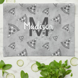 Linge De Cuisine Cool pizza tranche vintage noir blanc gris Monogra