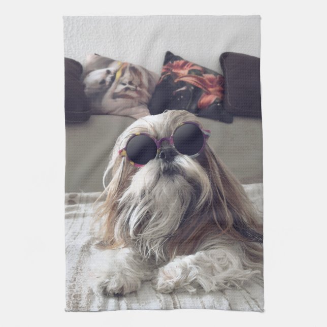 Linge De Cuisine Cool Shih Tzu cheveux longs Lunettes de soleil vin (Vertical)
