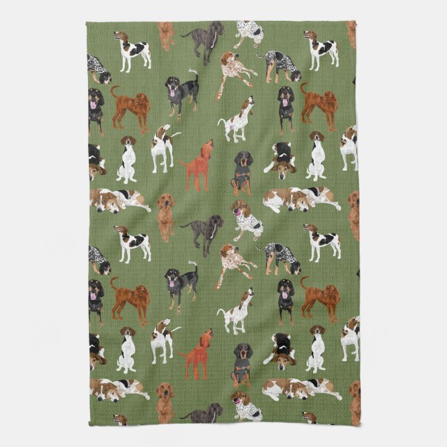Linge De Cuisine Coonhounds sur l'olive (Vertical)