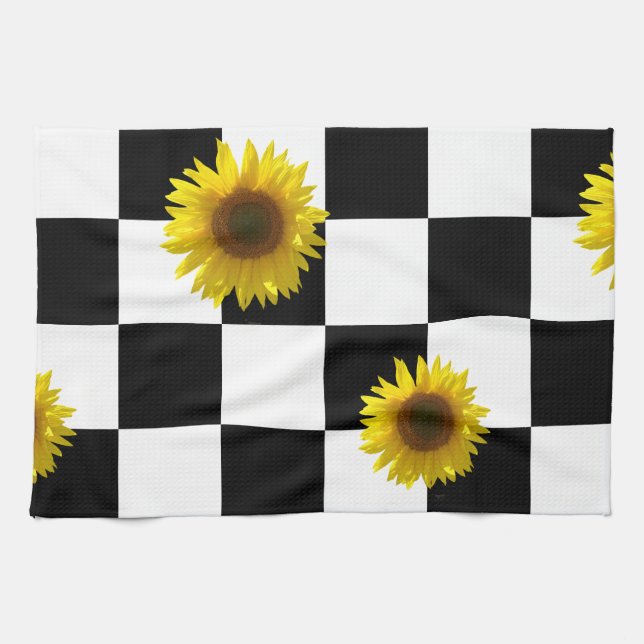 Linge De Cuisine Copie noire et blanche Checkered et de tournesol (Horizontal)