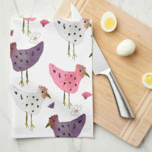 Linge De Cuisine Coq à l'aquarelle motif floral rose violet
